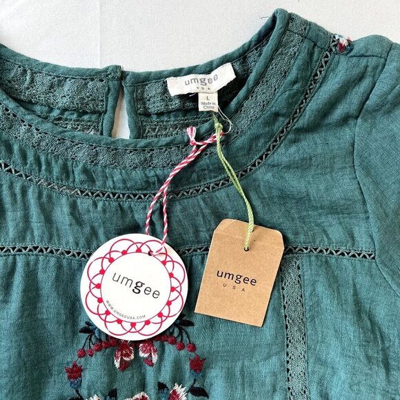 UMGEE Women size Large NWT Teal Embroidered Tunic/Dress Top Floral Bohemian - Picture 5 of 7